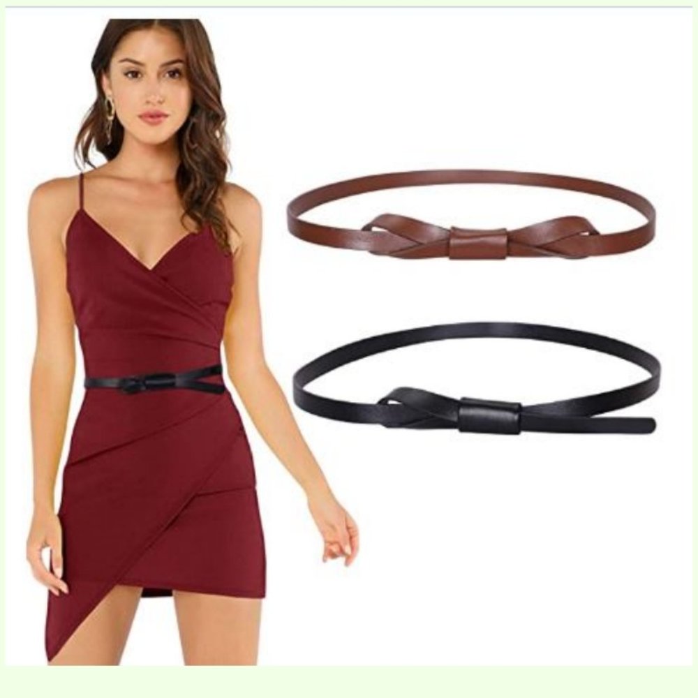 2 pcs Women Leather Skinny Belt for Dress